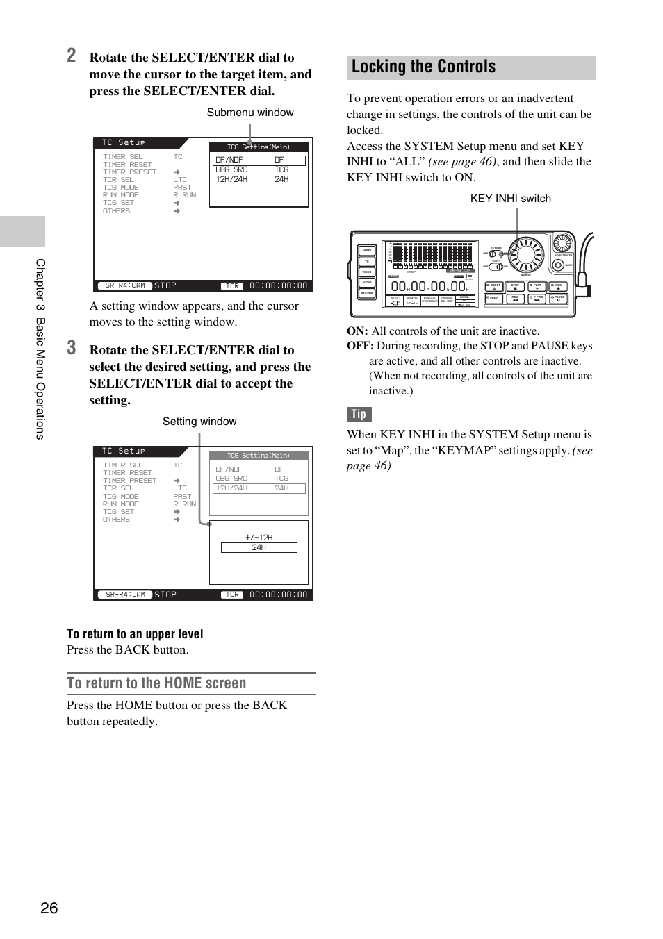 Locking the controls, Chap ter 3 ba s ic men u op er at ions, Submenu window | Setting window, Key inhi switch, 24h +/-12h | Sony VCT-SGR1 Shooting Grip User Manual | Page 26 / 61