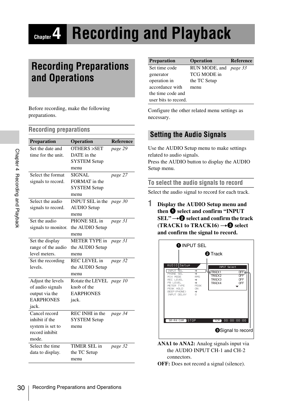 Chapter 4 recording and playback, Recording preparations and operations, Setting the audio signals | Chapter 4 : recording and playback, Recording preparations and, Operations, 4recording and playback, Recording preparations | Sony VCT-SGR1 Shooting Grip User Manual | Page 30 / 61