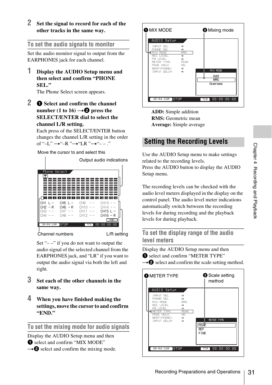 Setting the recording levels, Set each of the other channels in the same way | Sony VCT-SGR1 Shooting Grip User Manual | Page 31 / 61