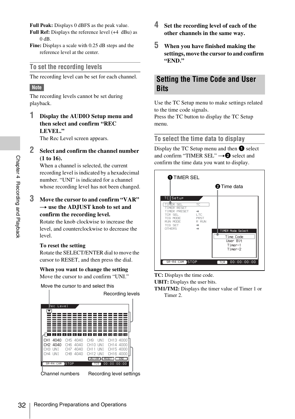 Setting the time code and user bits, Setting the time code and user, Bits | Select and confirm the channel number (1 to 16) | Sony VCT-SGR1 Shooting Grip User Manual | Page 32 / 61