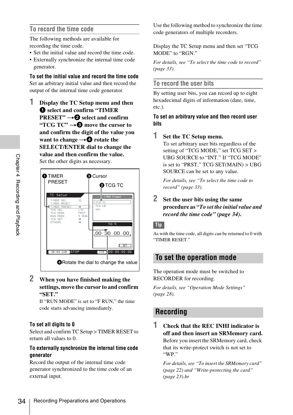 To set the operation mode, Recording, To set the operation mode recording | Sony VCT-SGR1 Shooting Grip User Manual | Page 34 / 61