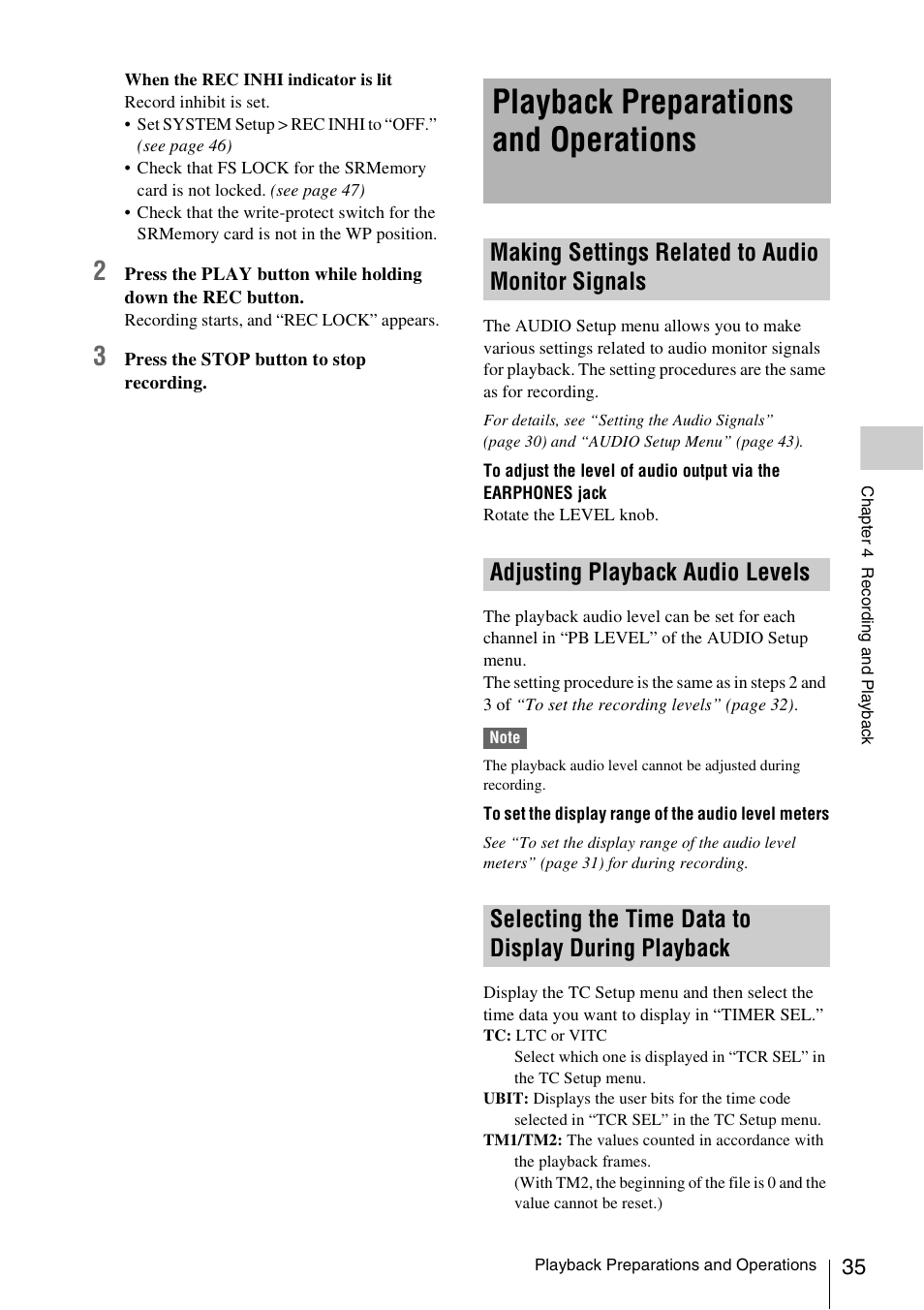 Playback preparations and operations, Making settings related to audio monitor signals, Adjusting playback audio levels | Selecting the time data to display during playback, Playback preparations and, Operations, Making settings related to audio, Monitor signals, Adjusting playback audio, Levels | Sony VCT-SGR1 Shooting Grip User Manual | Page 35 / 61