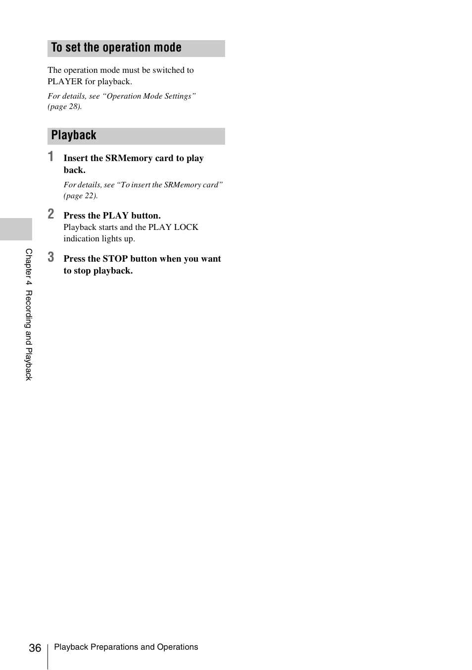 To set the operation mode, Playback, To set the operation mode playback | Sony VCT-SGR1 Shooting Grip User Manual | Page 36 / 61