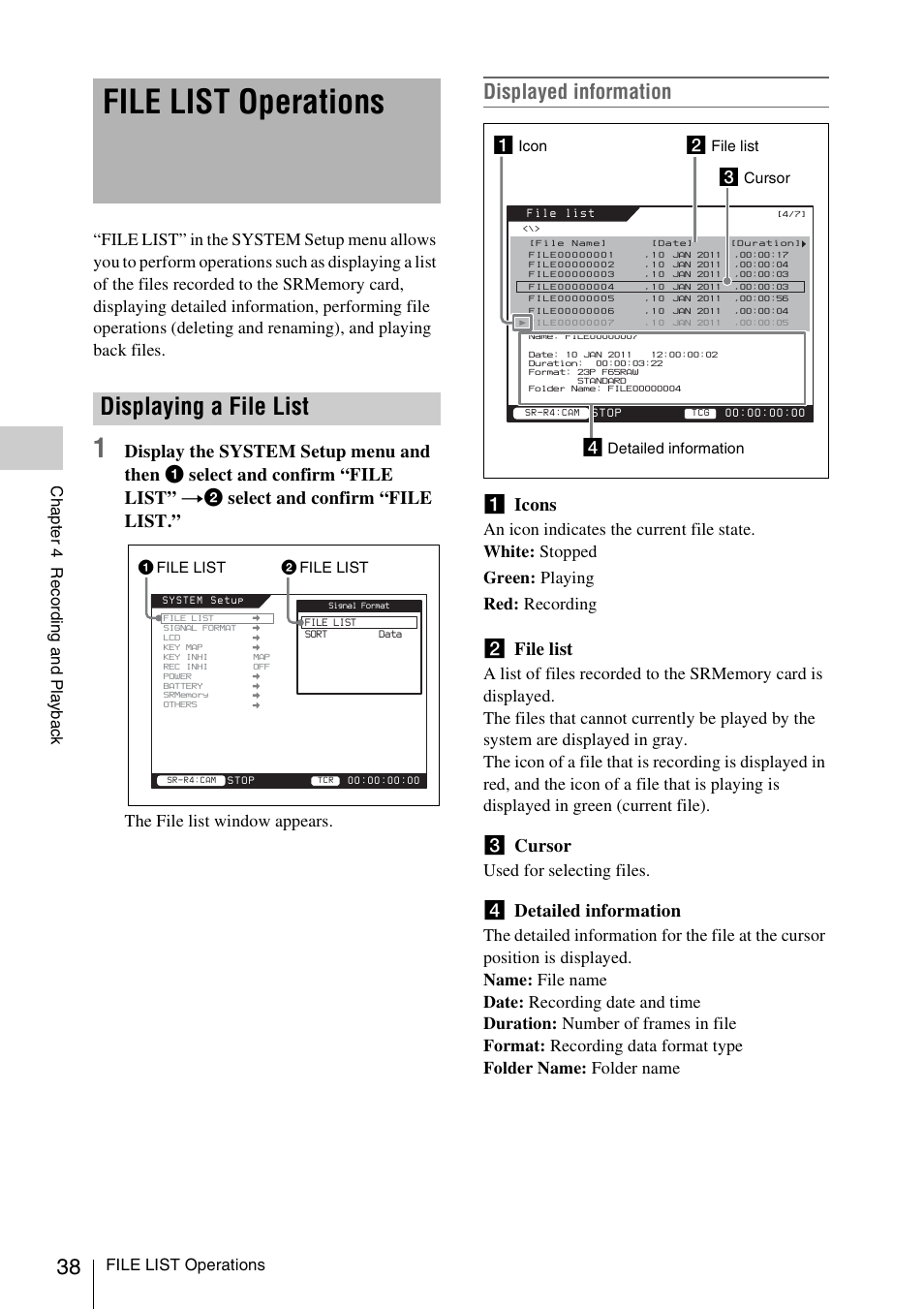 File list operations, Displaying a file list, Displayed information | Aicons, Bfile list, Ccursor, Ddetailed information | Sony VCT-SGR1 Shooting Grip User Manual | Page 38 / 61