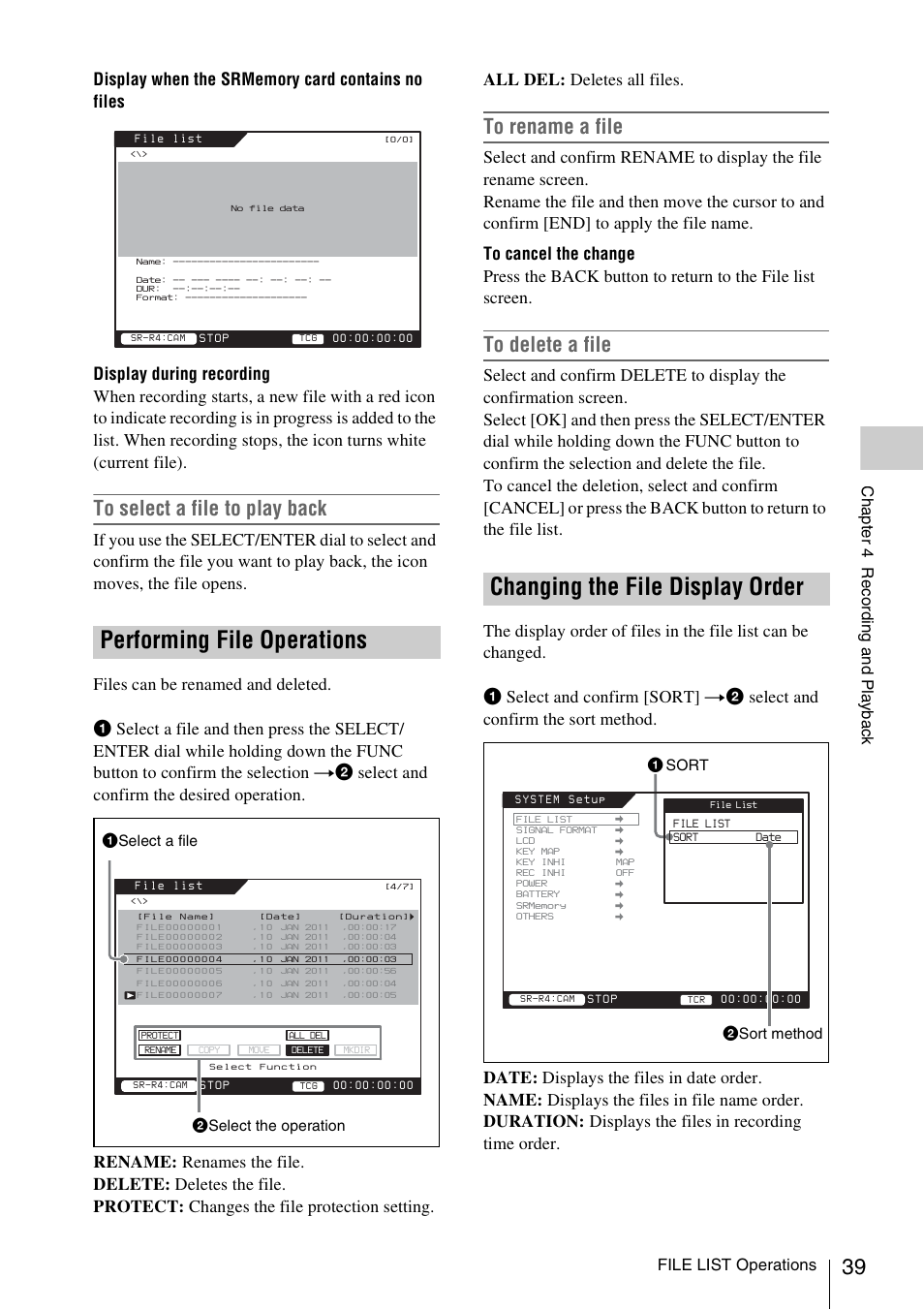 Performing file operations, Changing the file display order, Order | Sony VCT-SGR1 Shooting Grip User Manual | Page 39 / 61