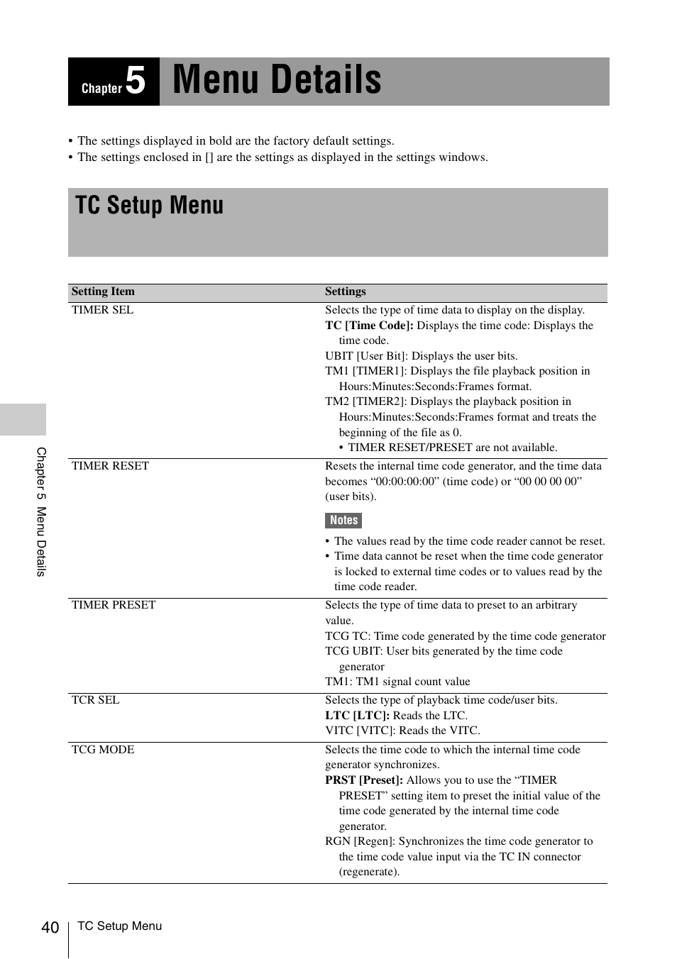 Chapter 5 menu details, Tc setup menu, Chapter 5 : menu details | 5menu details | Sony VCT-SGR1 Shooting Grip User Manual | Page 40 / 61