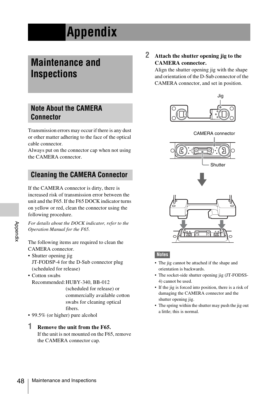 Appendix, Maintenance and inspections, Note about the camera connector | Cleaning the camera connector, Note about the camera, Connector, Cleaning the camera | Sony VCT-SGR1 Shooting Grip User Manual | Page 48 / 61