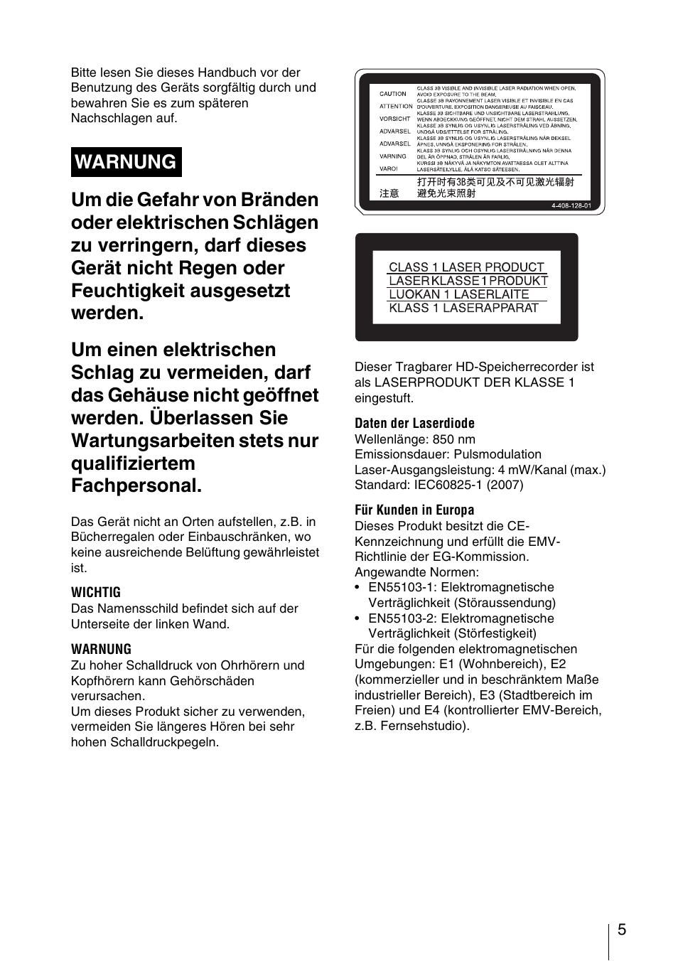 Warnung | Sony VCT-SGR1 Shooting Grip User Manual | Page 5 / 61