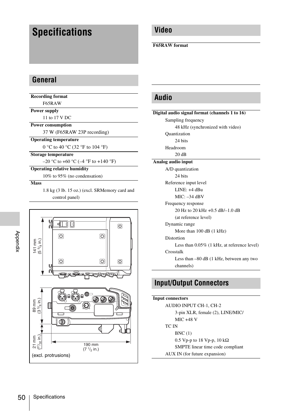 Specifications, General, Video | Audio, Input/output connectors, General video audio input/output connectors | Sony VCT-SGR1 Shooting Grip User Manual | Page 50 / 61