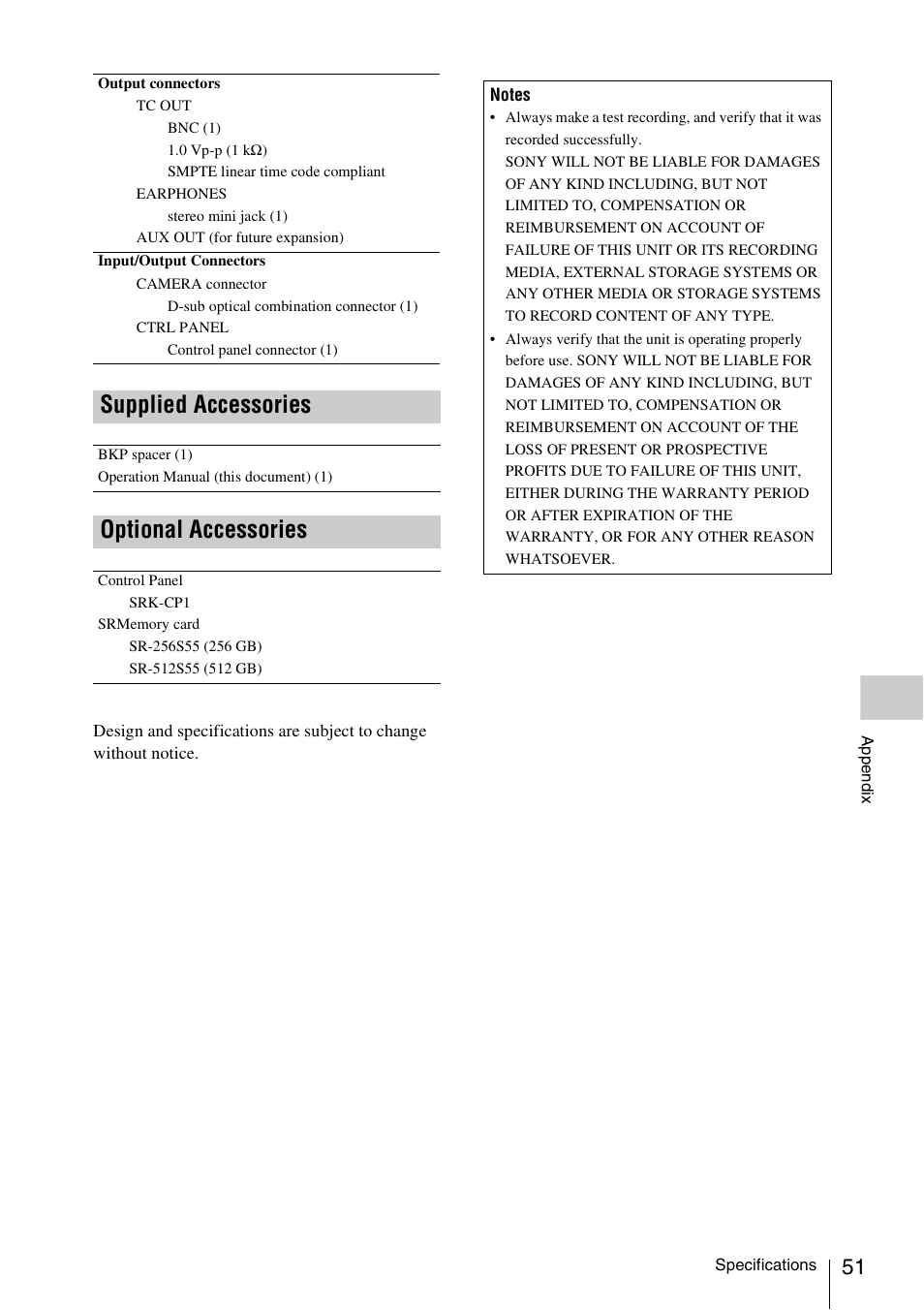 Supplied accessories, Optional accessories, Supplied accessories optional accessories | Sony VCT-SGR1 Shooting Grip User Manual | Page 51 / 61