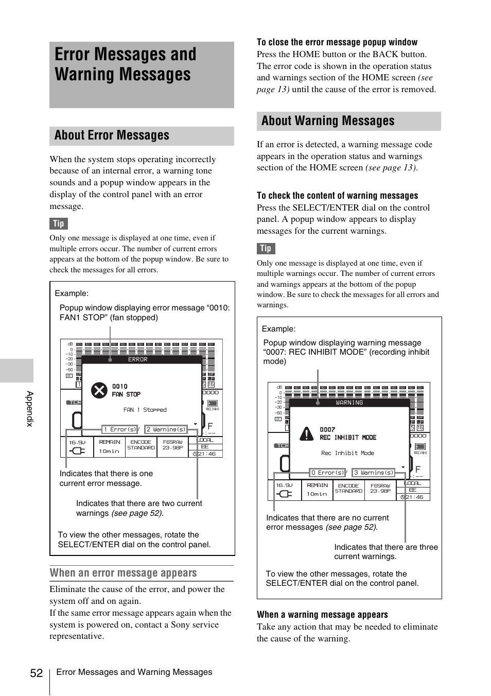 Error messages and warning messages, About error messages, About warning messages | Error messages and warning, Messages, About error messages about warning messages, When an error message appears, Appe ndix | Sony VCT-SGR1 Shooting Grip User Manual | Page 52 / 61