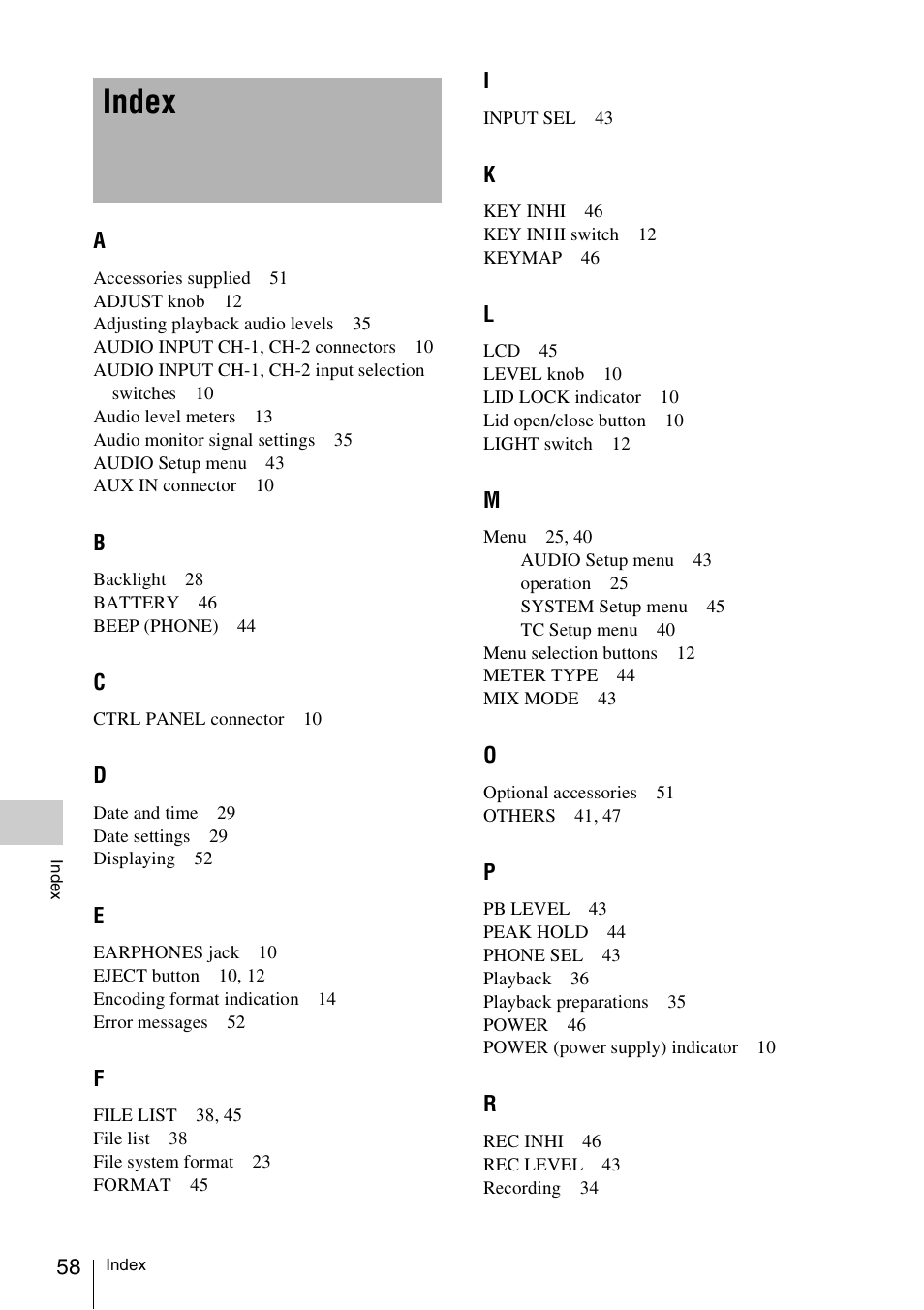 Index | Sony VCT-SGR1 Shooting Grip User Manual | Page 58 / 61