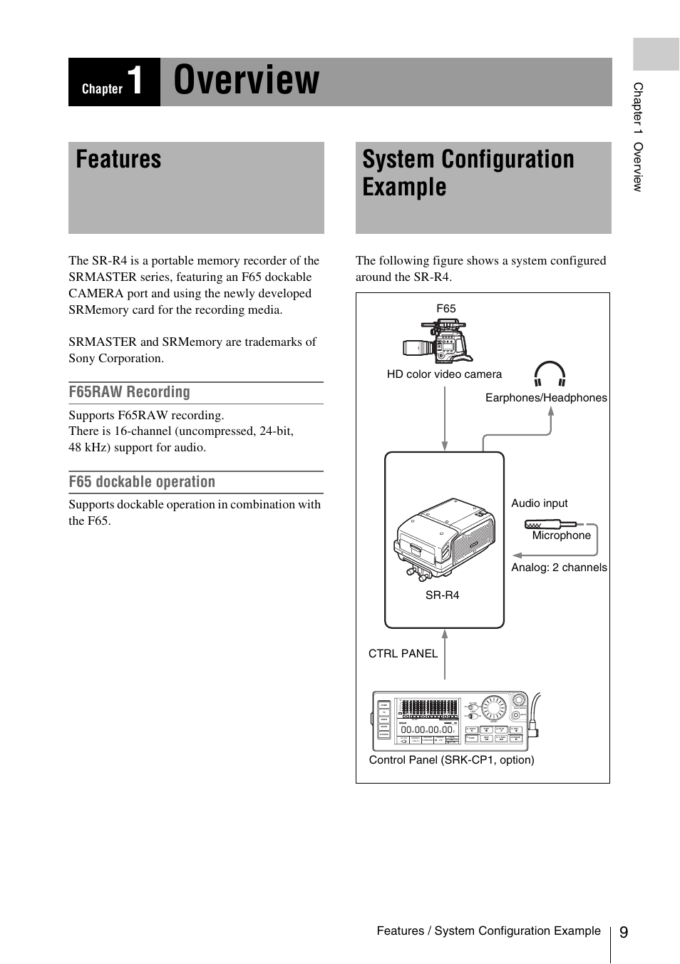 Chapter 1 overview, Features, System configuration example | Chapter 1 : overview, 1overview, Features system configuration example, F65raw recording, F65 dockable operation, Features / system configuration example, Chapt er 1 ov er v ie w | Sony VCT-SGR1 Shooting Grip User Manual | Page 9 / 61