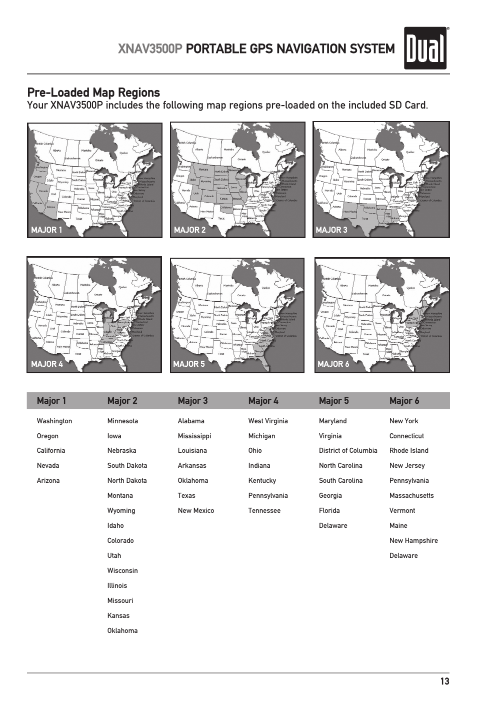 Xnav3500p portable gps navigation system, Pre-loaded map regions | Dual XNAV3500P User Manual | Page 15 / 32