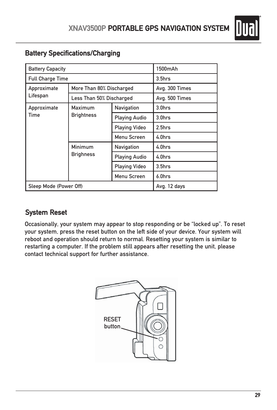 Xnav3500p portable gps navigation system, Battery specifications/charging, System reset | Dual XNAV3500P User Manual | Page 31 / 32