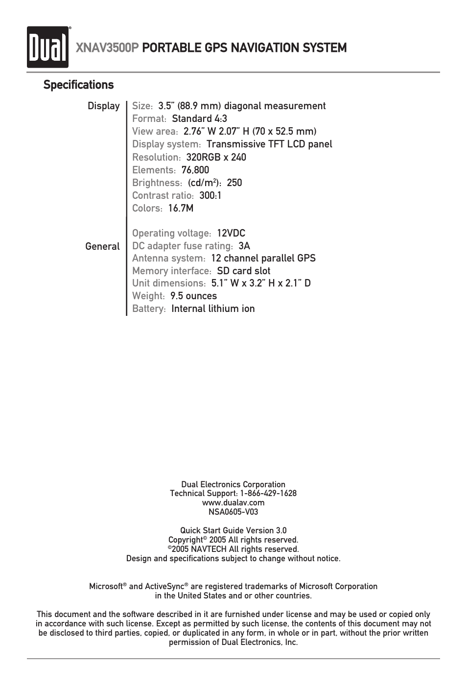 Xnav3500p portable gps navigation system, Specifications | Dual XNAV3500P User Manual | Page 32 / 32