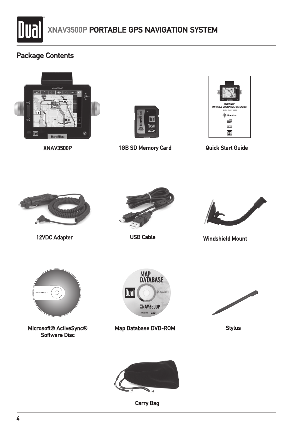 Xnav3500p portable gps navigation system, Package contents | Dual XNAV3500P User Manual | Page 6 / 32