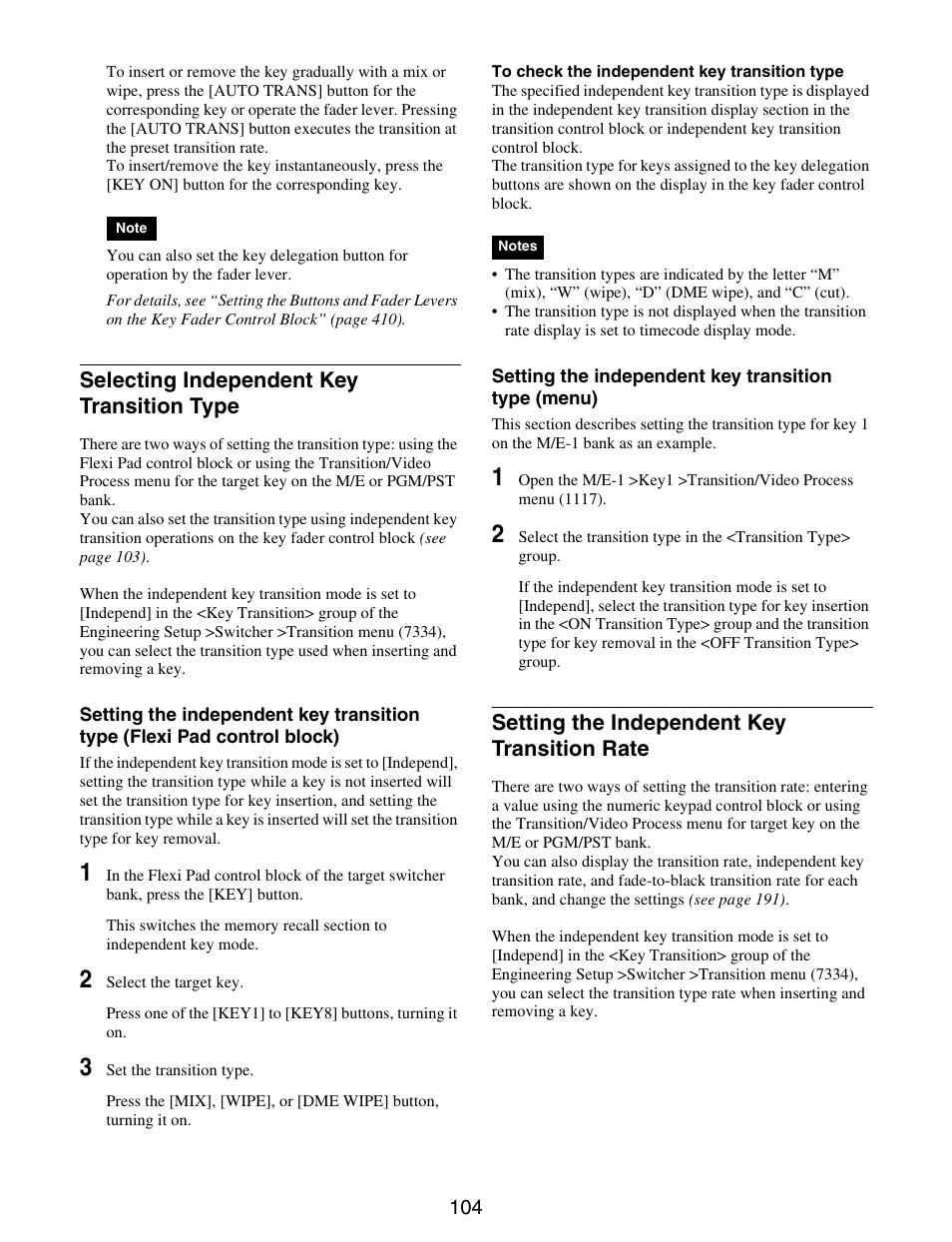 Selecting independent key transition, Type, Setting the independent key transition | Rate, Selecting independent key transition type, Setting the independent key transition rate | Sony GP-X1EM Grip Extension User Manual | Page 104 / 574