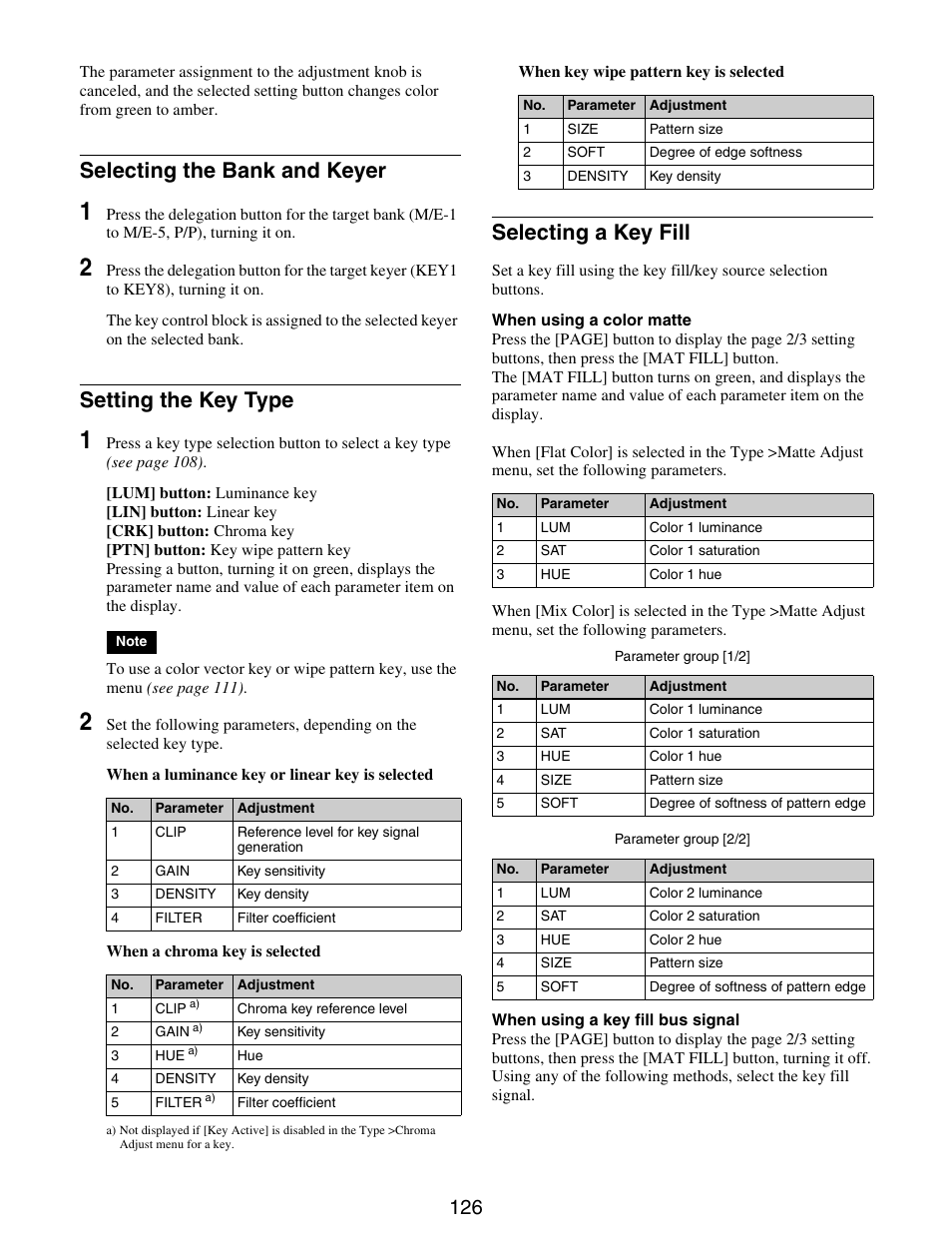 Selecting the bank and keyer, Setting the key type, Selecting a key fill | Sony GP-X1EM Grip Extension User Manual | Page 126 / 574