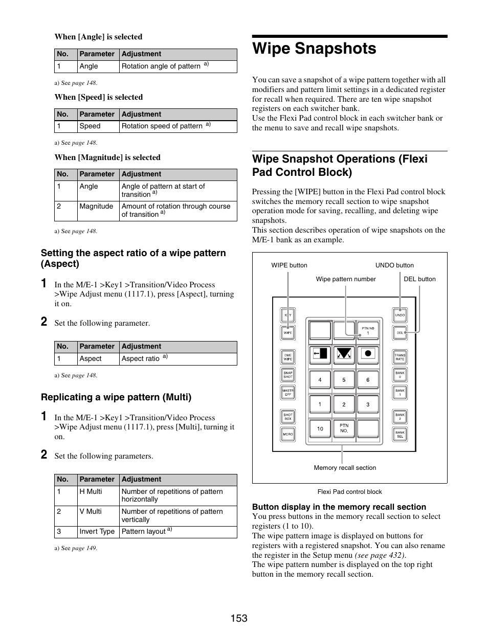 Wipe snapshots, Wipe snapshot operations (flexi pad, Control block) | Wipe snapshot operations (flexi pad control block) | Sony GP-X1EM Grip Extension User Manual | Page 153 / 574