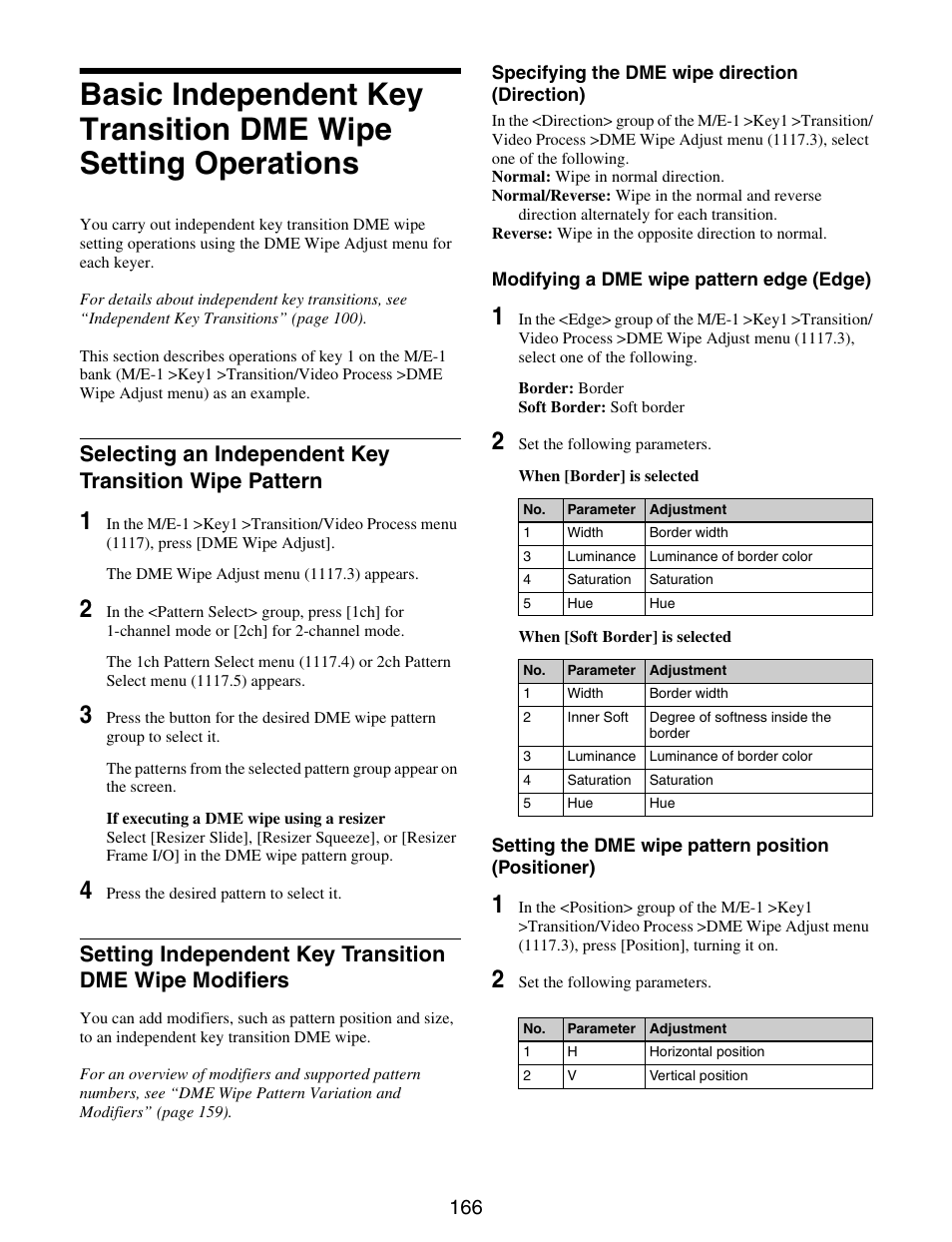 Basic independent key transition dme, Wipe setting operations, Selecting an independent key transition | Wipe pattern, Setting independent key transition dme, Wipe modifiers | Sony GP-X1EM Grip Extension User Manual | Page 166 / 574