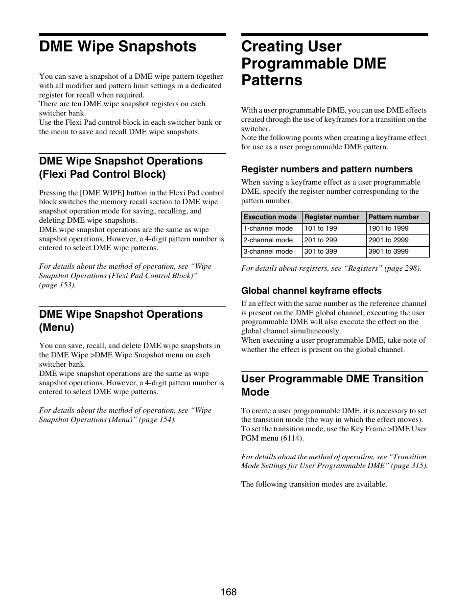 Dme wipe snapshots, Creating user programmable dme patterns, Dme wipe snapshot operations (flexi pad | Control block), Dme wipe snapshot operations, Menu), Creating user programmable dme, Patterns, User programmable dme transition, Mode | Sony GP-X1EM Grip Extension User Manual | Page 168 / 574