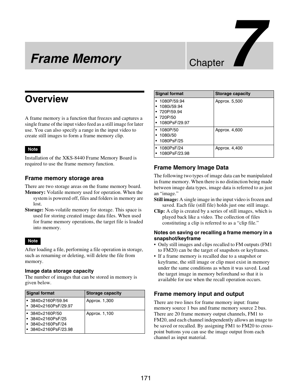 Chapter 7 frame memory, Overview, Chapter | Sony GP-X1EM Grip Extension User Manual | Page 171 / 574