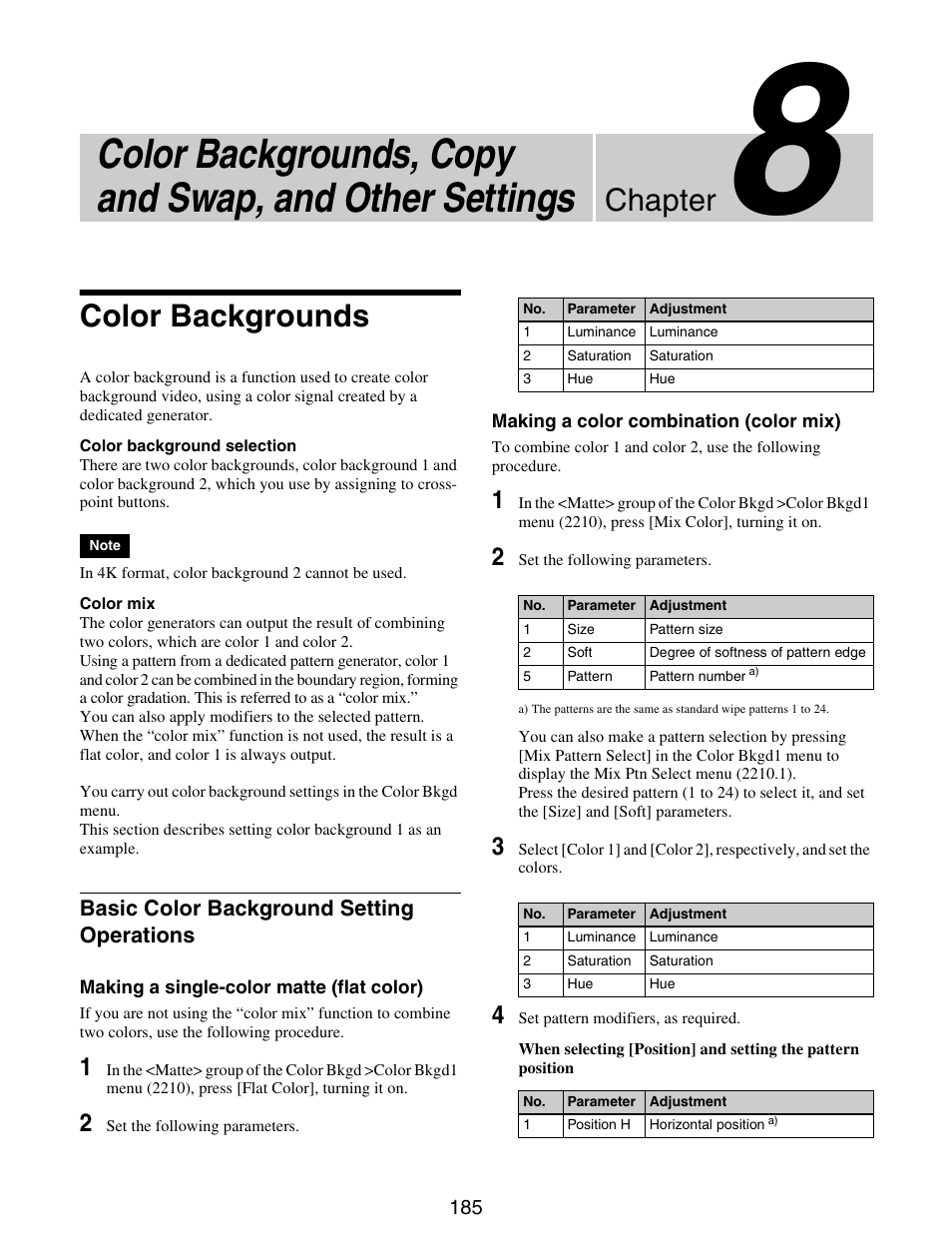 Color backgrounds, Basic color background setting, Operations | Chapter | Sony GP-X1EM Grip Extension User Manual | Page 185 / 574