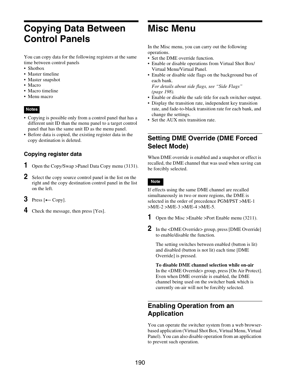 Copying data between control panels, Misc menu, Copying data between control | Panels, Setting dme override (dme forced select, Mode), Enabling operation from an, Application | Sony GP-X1EM Grip Extension User Manual | Page 190 / 574