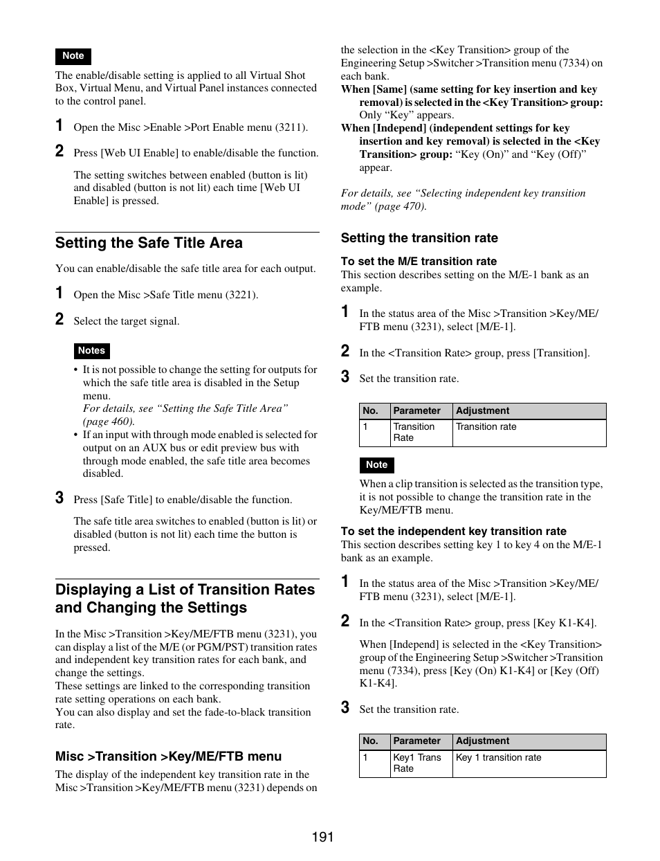 Setting the safe title area, Displaying a list of transition rates and, Changing the settings | Sony GP-X1EM Grip Extension User Manual | Page 191 / 574