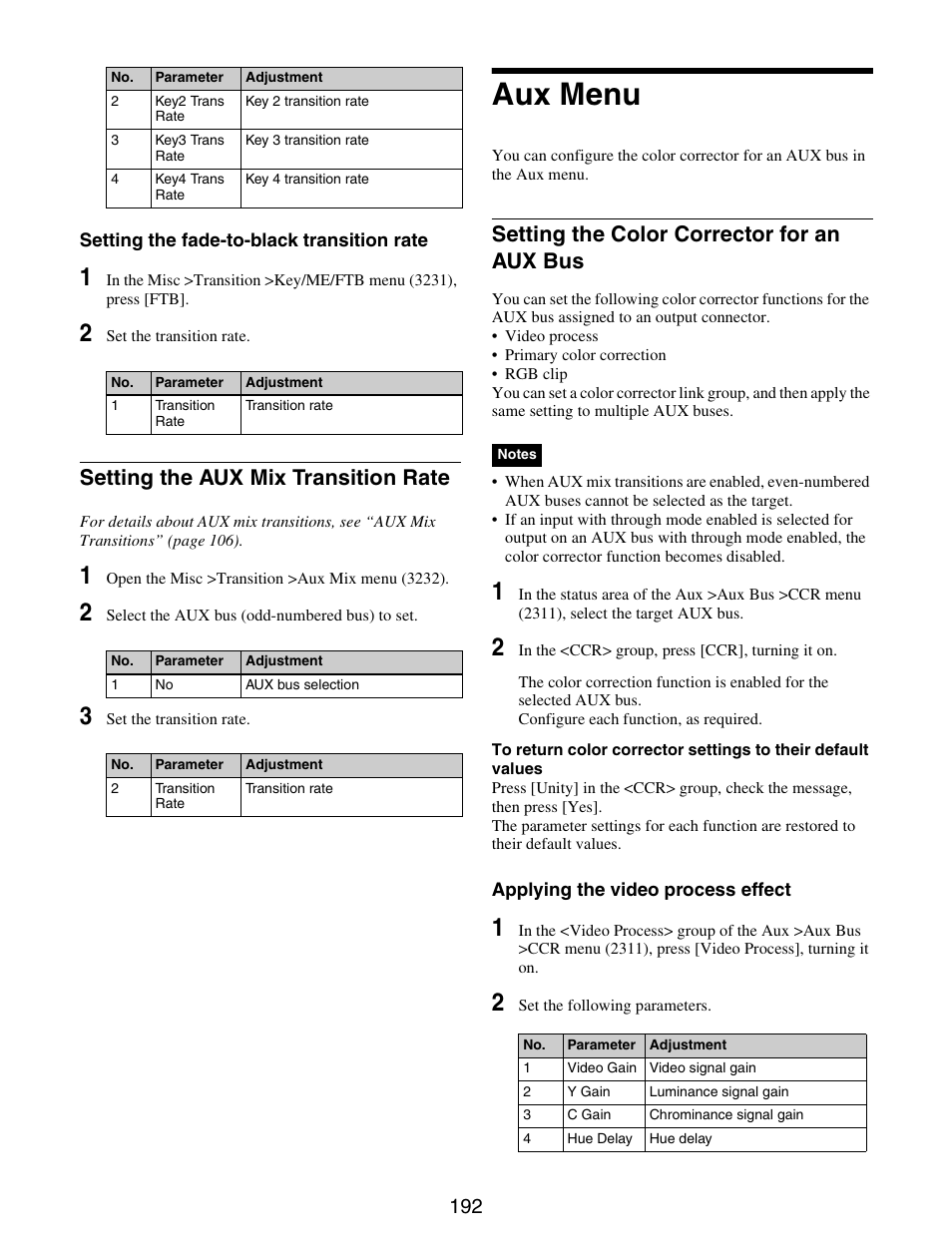 Aux menu, Setting the aux mix transition rate, Setting the color corrector for an aux | Setting the color corrector for an aux bus | Sony GP-X1EM Grip Extension User Manual | Page 192 / 574