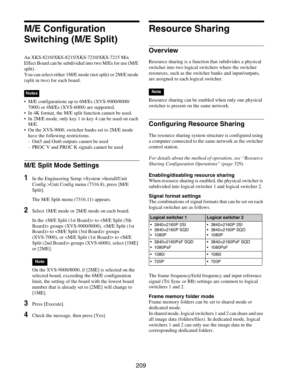 M/e configuration switching (m/e split), Resource sharing, M/e configuration switching | M/e split), M/e split mode settings, Overview configuring resource sharing, Overview, Configuring resource sharing | Sony GP-X1EM Grip Extension User Manual | Page 209 / 574