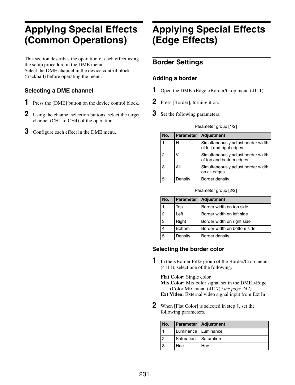 Applying special effects (common operations), Applying special effects (edge effects), Applying special effects (common | Operations), Applying special effects (edge, Effects), Border settings | Sony GP-X1EM Grip Extension User Manual | Page 231 / 574