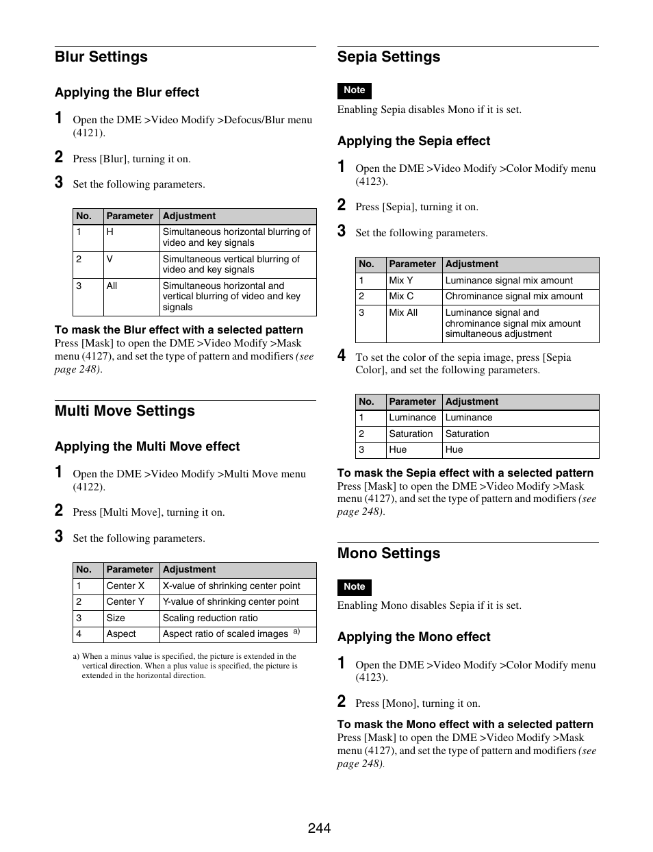 Blur settings, Multi move settings, Sepia settings | Mono settings | Sony GP-X1EM Grip Extension User Manual | Page 244 / 574