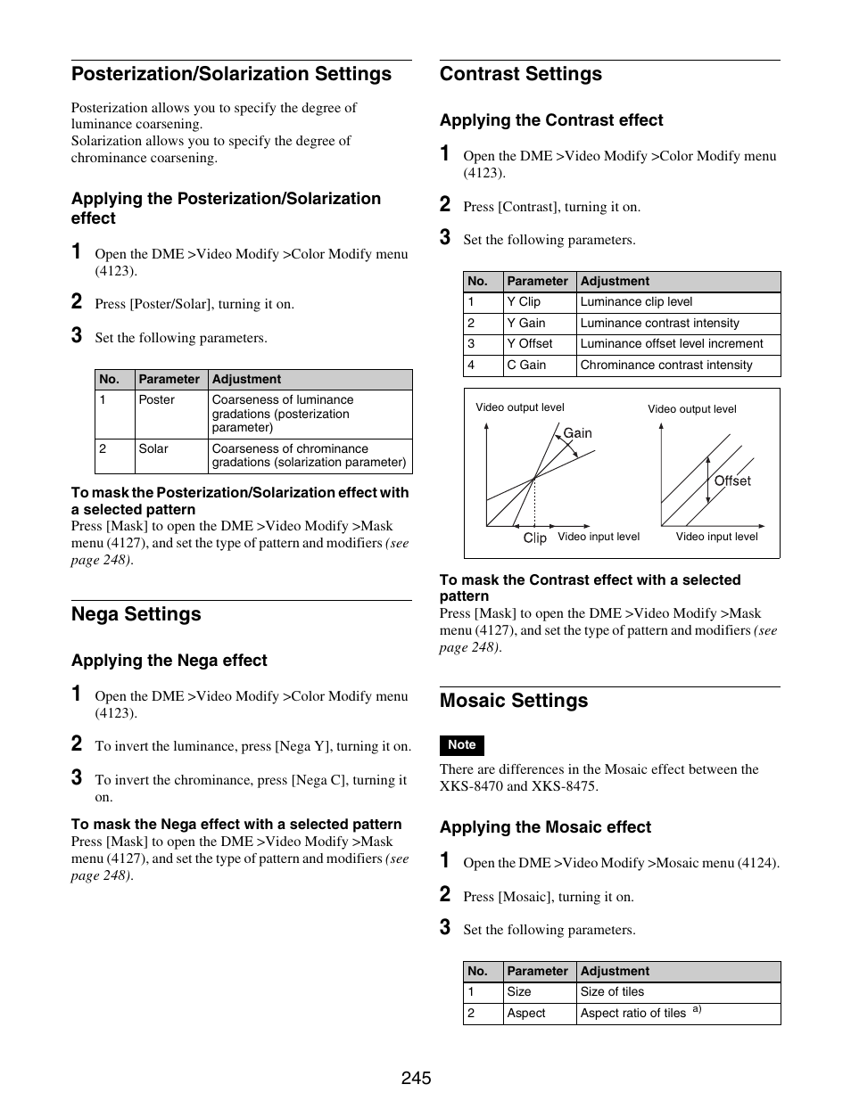 Posterization/solarization settings nega settings, Contrast settings mosaic settings, Posterization/solarization settings | Nega settings, Contrast settings, Mosaic settings | Sony GP-X1EM Grip Extension User Manual | Page 245 / 574