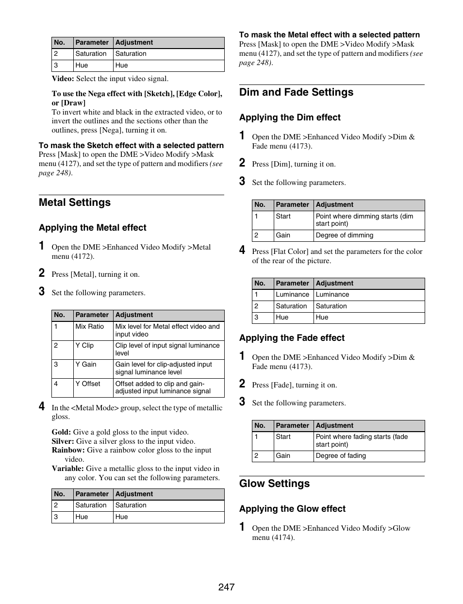 Metal settings dim and fade settings glow settings, Metal settings, Dim and fade settings | Glow settings | Sony GP-X1EM Grip Extension User Manual | Page 247 / 574