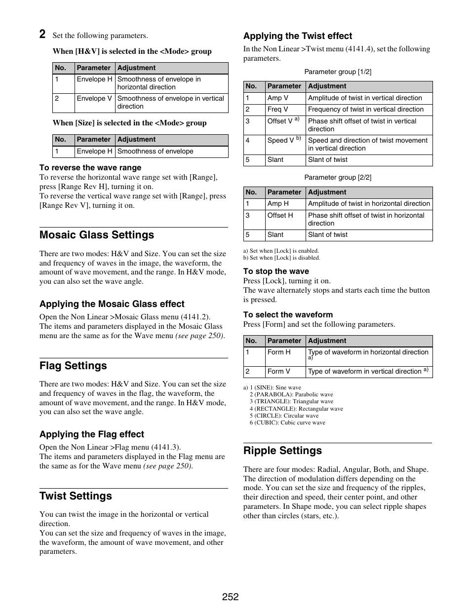 Mosaic glass settings, Flag settings, Twist settings | Ripple settings | Sony GP-X1EM Grip Extension User Manual | Page 252 / 574