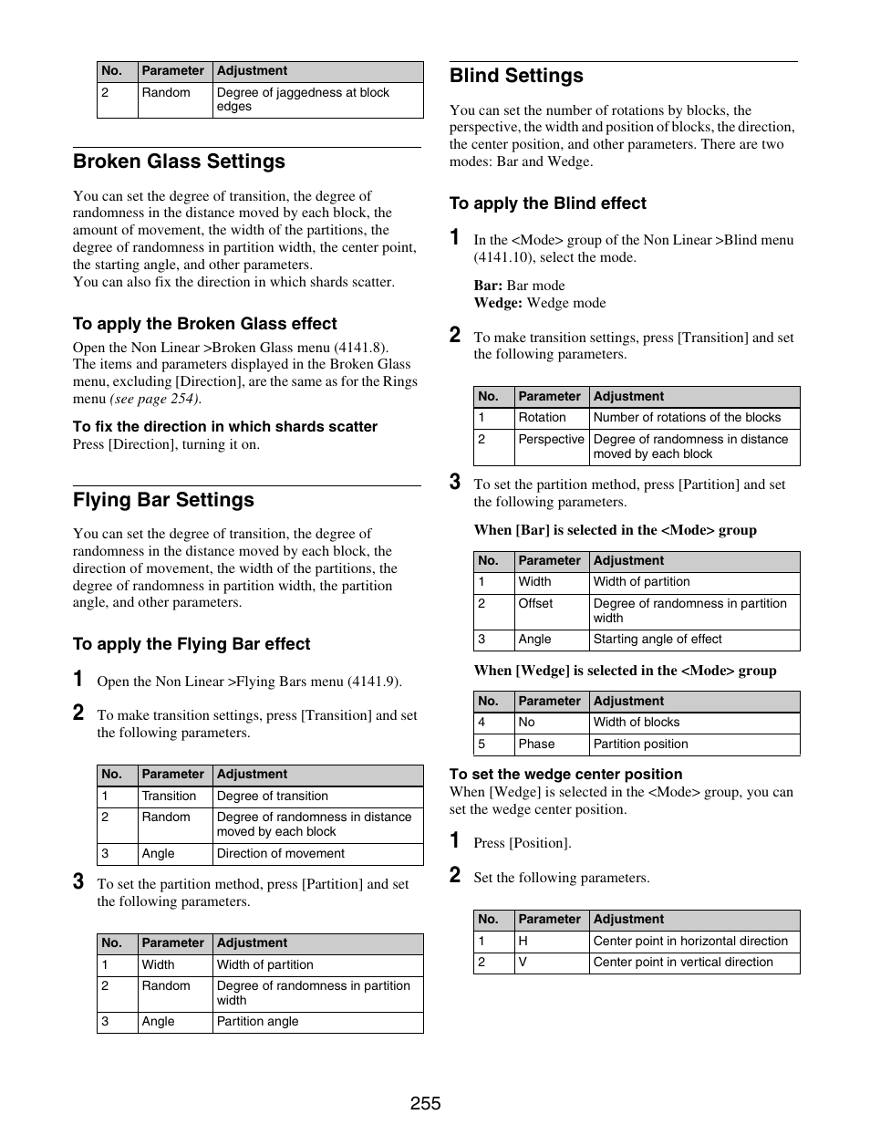 Broken glass settings, Flying bar settings, Blind settings | Sony GP-X1EM Grip Extension User Manual | Page 255 / 574