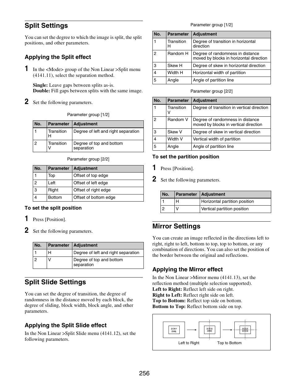 Split settings, Split slide settings, Mirror settings | Sony GP-X1EM Grip Extension User Manual | Page 256 / 574