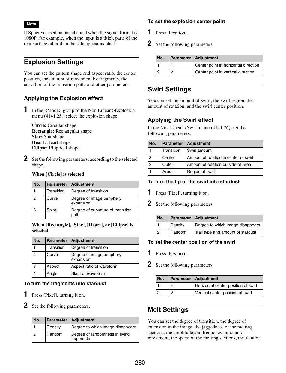 Explosion settings swirl settings melt settings, Explosion settings, Swirl settings | Melt settings | Sony GP-X1EM Grip Extension User Manual | Page 260 / 574