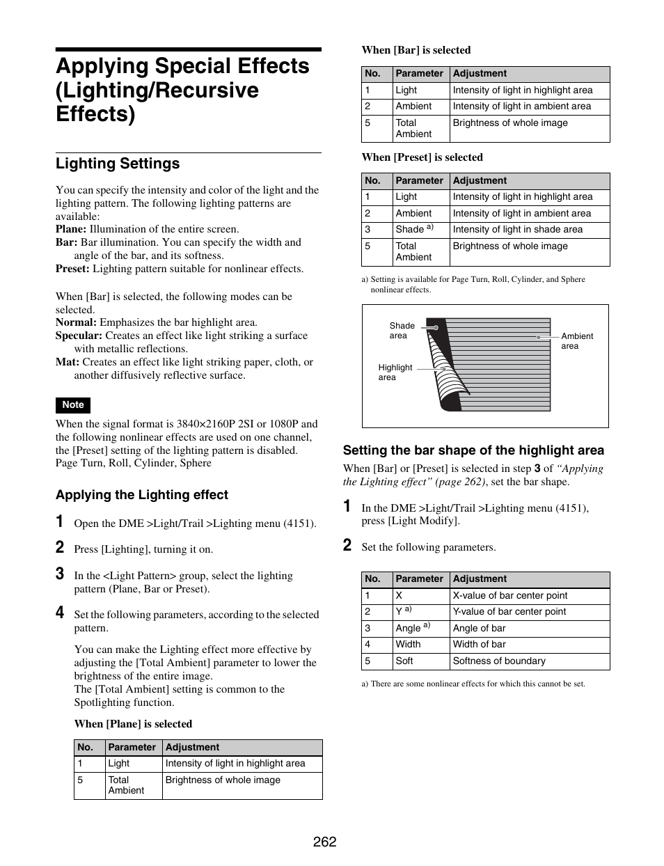 Applying special effects (lighting, Recursive effects), Lighting settings | Sony GP-X1EM Grip Extension User Manual | Page 262 / 574