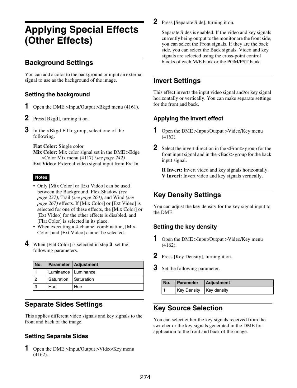 Applying special effects (other effects), Applying special effects (other, Effects) | Background settings, Separate sides settings, Invert settings, Key density settings, Key source selection | Sony GP-X1EM Grip Extension User Manual | Page 274 / 574