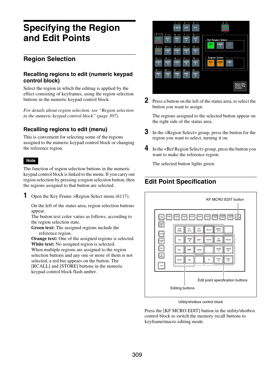 Specifying the region and edit points, Specifying the region and edit, Points | Region selection edit point specification, Region selection, Edit point specification | Sony GP-X1EM Grip Extension User Manual | Page 309 / 574