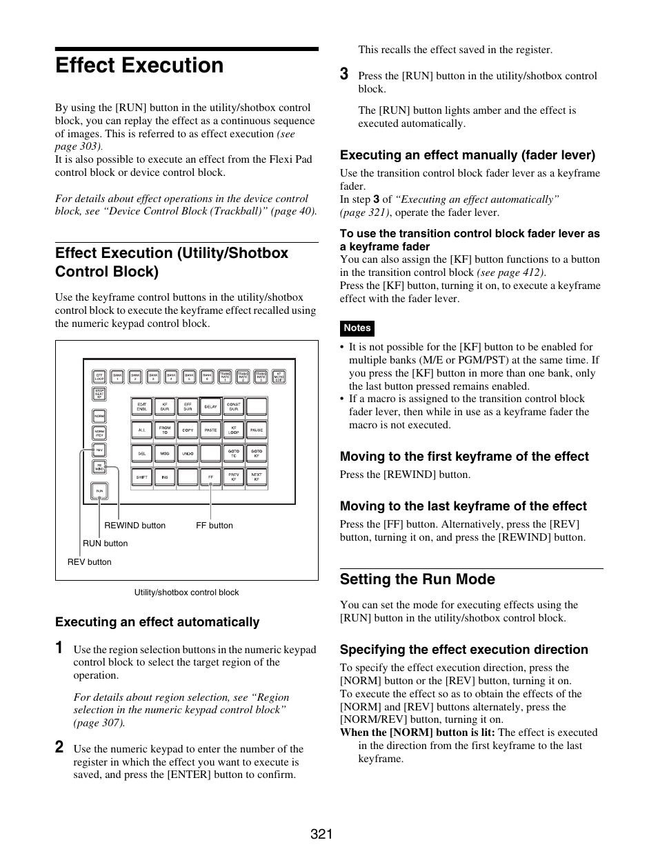 Effect execution, Effect execution (utility/shotbox control, Block) | Setting the run mode, Effect execution (utility/shotbox control block) | Sony GP-X1EM Grip Extension User Manual | Page 321 / 574