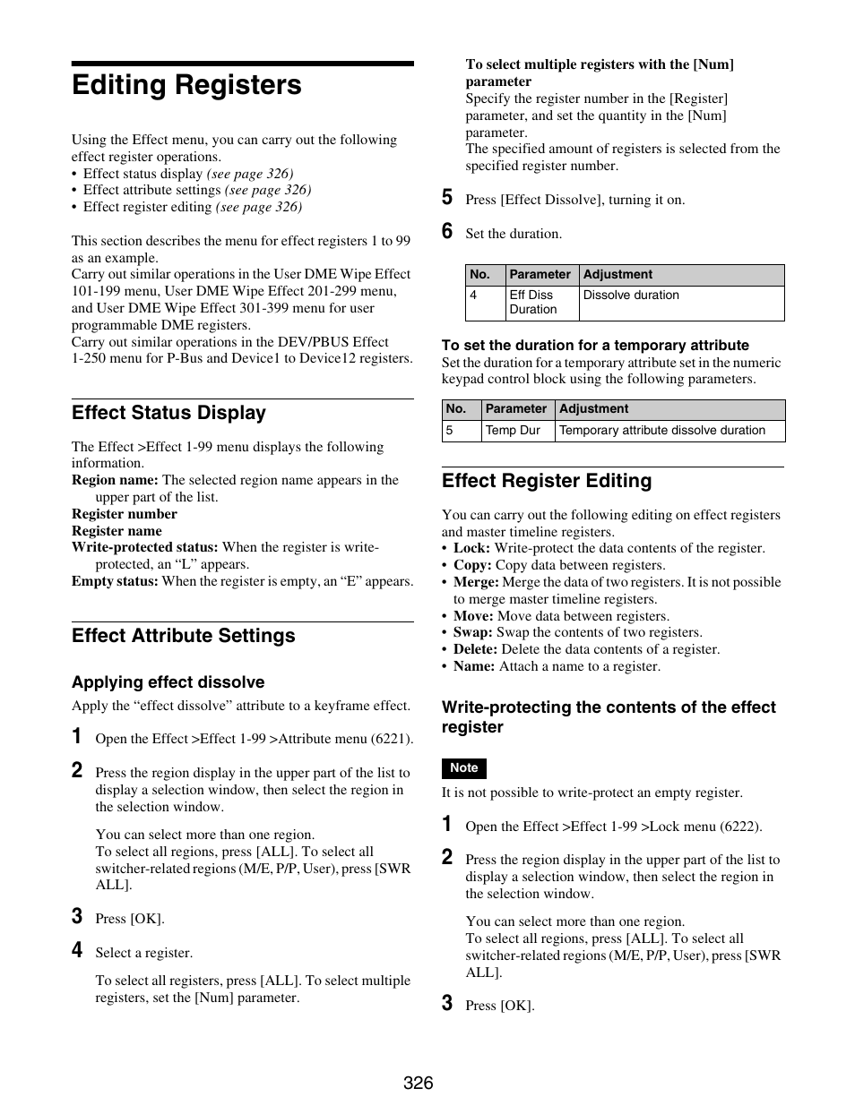 Editing registers, Effect status display, Effect attribute settings | Effect register editing | Sony GP-X1EM Grip Extension User Manual | Page 326 / 574