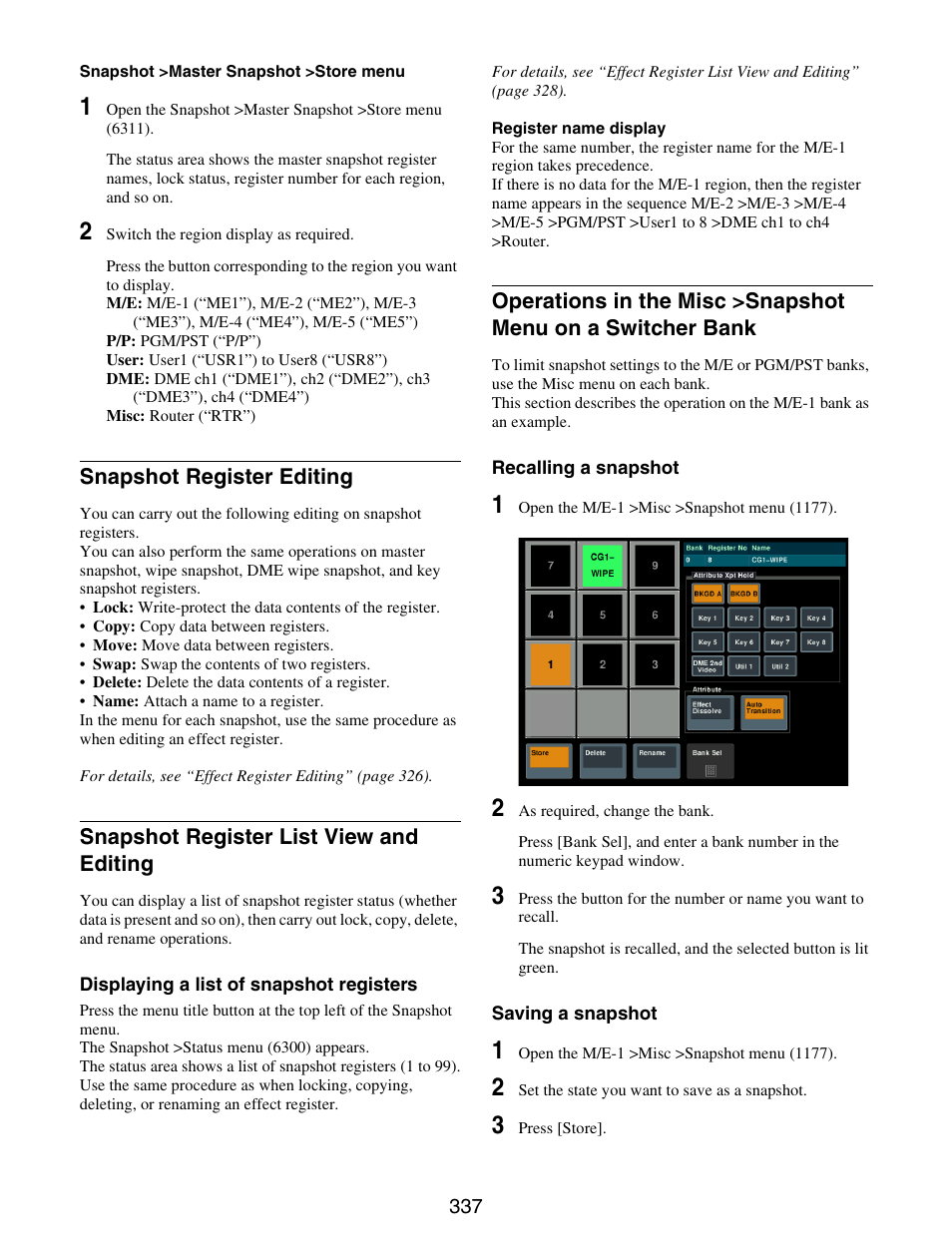 Editing, Operations in the misc >snapshot menu on a, Switcher bank | Snapshot register editing, Snapshot register list view and editing | Sony GP-X1EM Grip Extension User Manual | Page 337 / 574