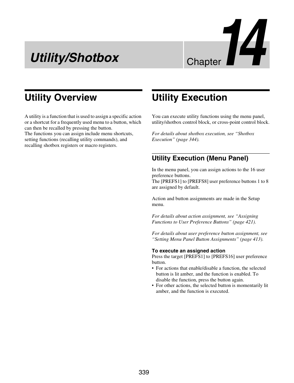 Chapter 14 utility/shotbox, Utility overview, Utility execution | Utility overview utility execution, Utility execution (menu panel), Utility/shotbox | Sony GP-X1EM Grip Extension User Manual | Page 339 / 574