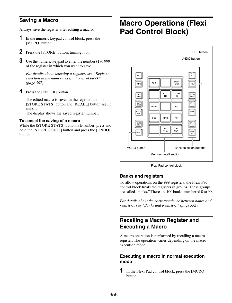 Macro operations (flexi pad control block), Saving a macro, Macro operations (flexi pad control | Block), Recalling a macro register and executing a, Macro | Sony GP-X1EM Grip Extension User Manual | Page 355 / 574