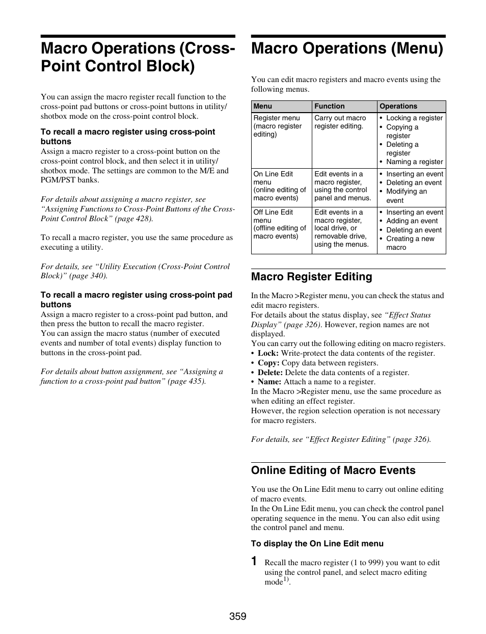 Macro operations (cross-point control block), Macro operations (menu), Macro operations (cross-point control | Block), Macro operations (cross- point control block), Macro register editing, Online editing of macro events | Sony GP-X1EM Grip Extension User Manual | Page 359 / 574