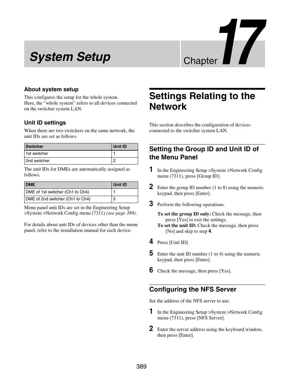 Chapter 17 system setup, Settings relating to the network, Setting the group id and unit id of the | Menu panel, Configuring the nfs server, System setup, Chapter | Sony GP-X1EM Grip Extension User Manual | Page 389 / 574